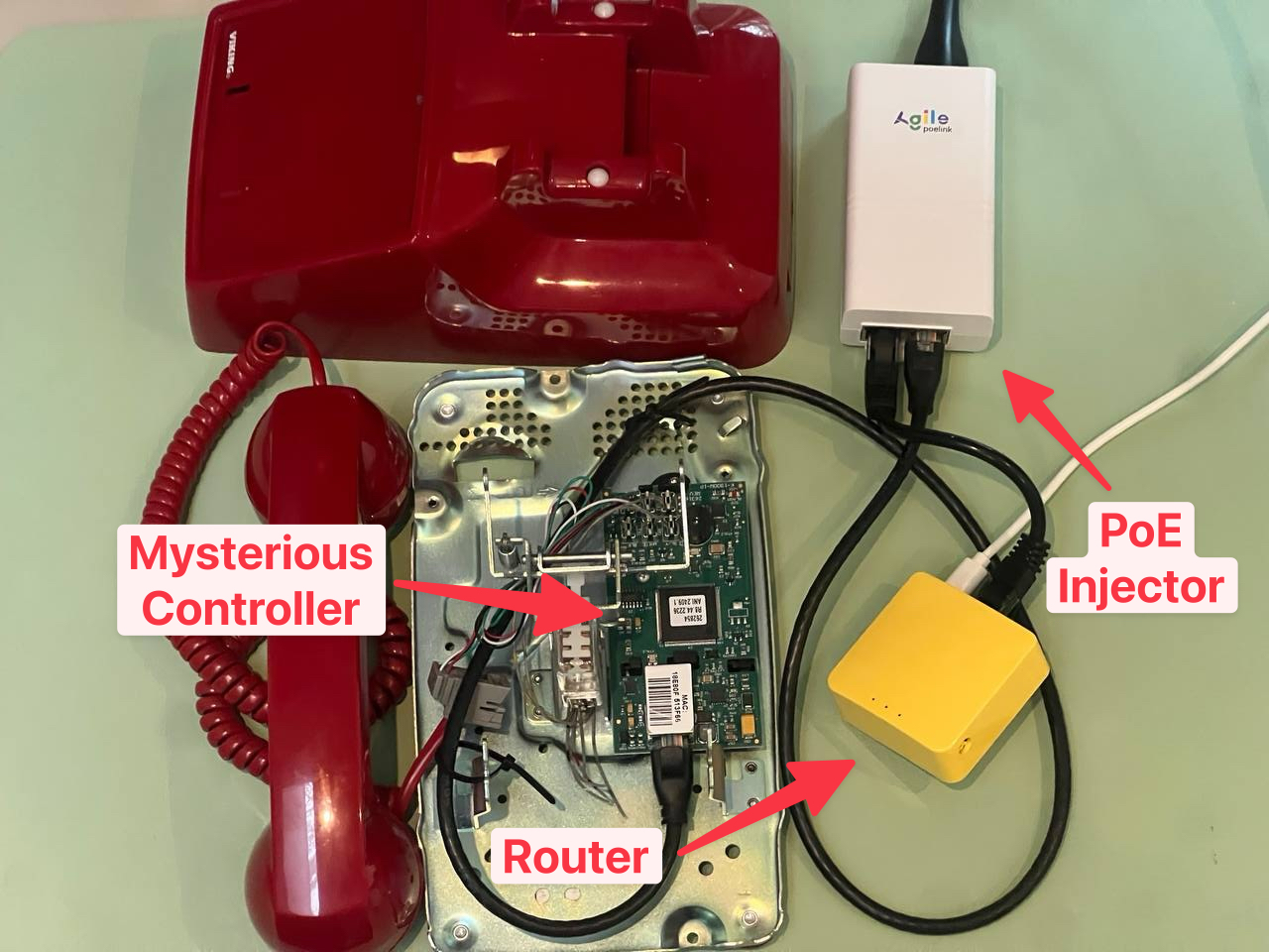 Phone internals with controller, router, and PoE injector